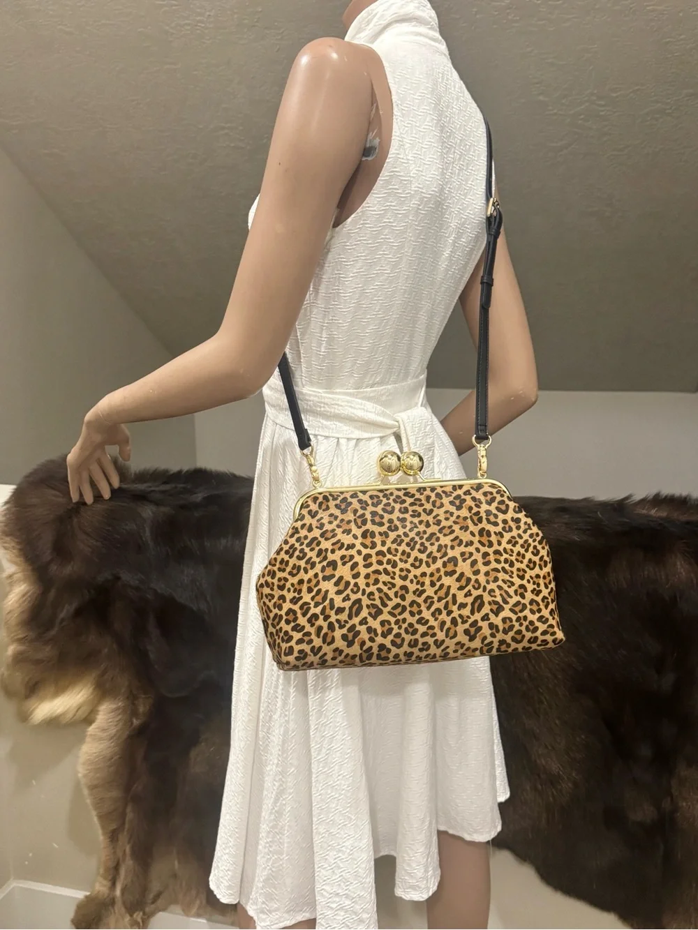 Leopard Print Hair-on Cowhide Handmade Custom Kisslock Frame Bag, & 2 Straps